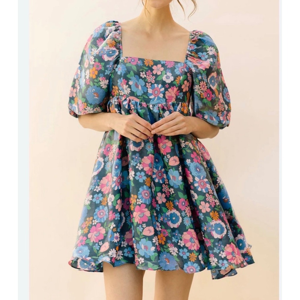 Storia Floral Metallic Puff Sleeve Babydoll Mini Dress Blue Pink S‎ Homecoming
